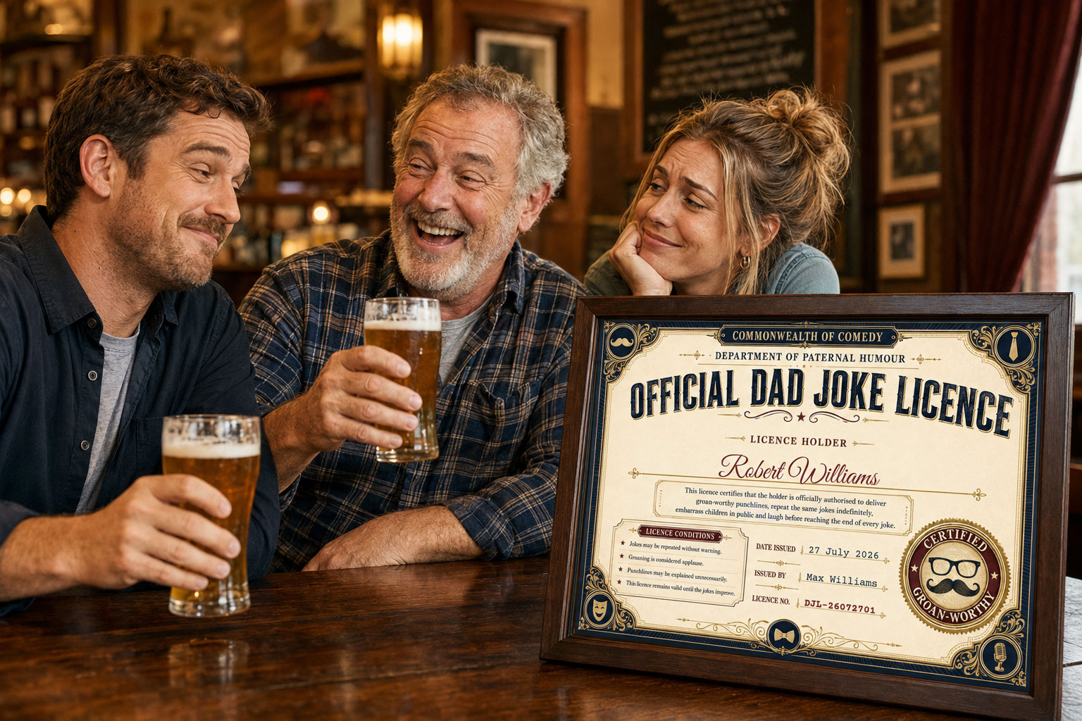 Dad laughing with his grown children beside a framed Official Dad Joke Licence
