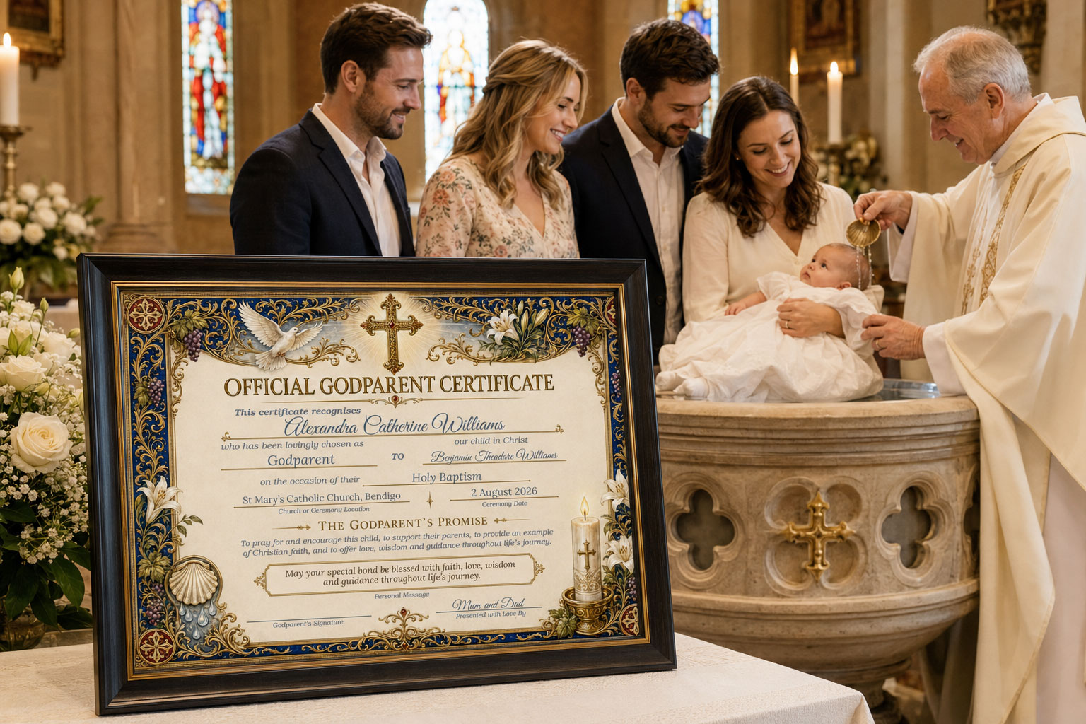 Personalised Official Godparent Certificate displayed at a church baptism