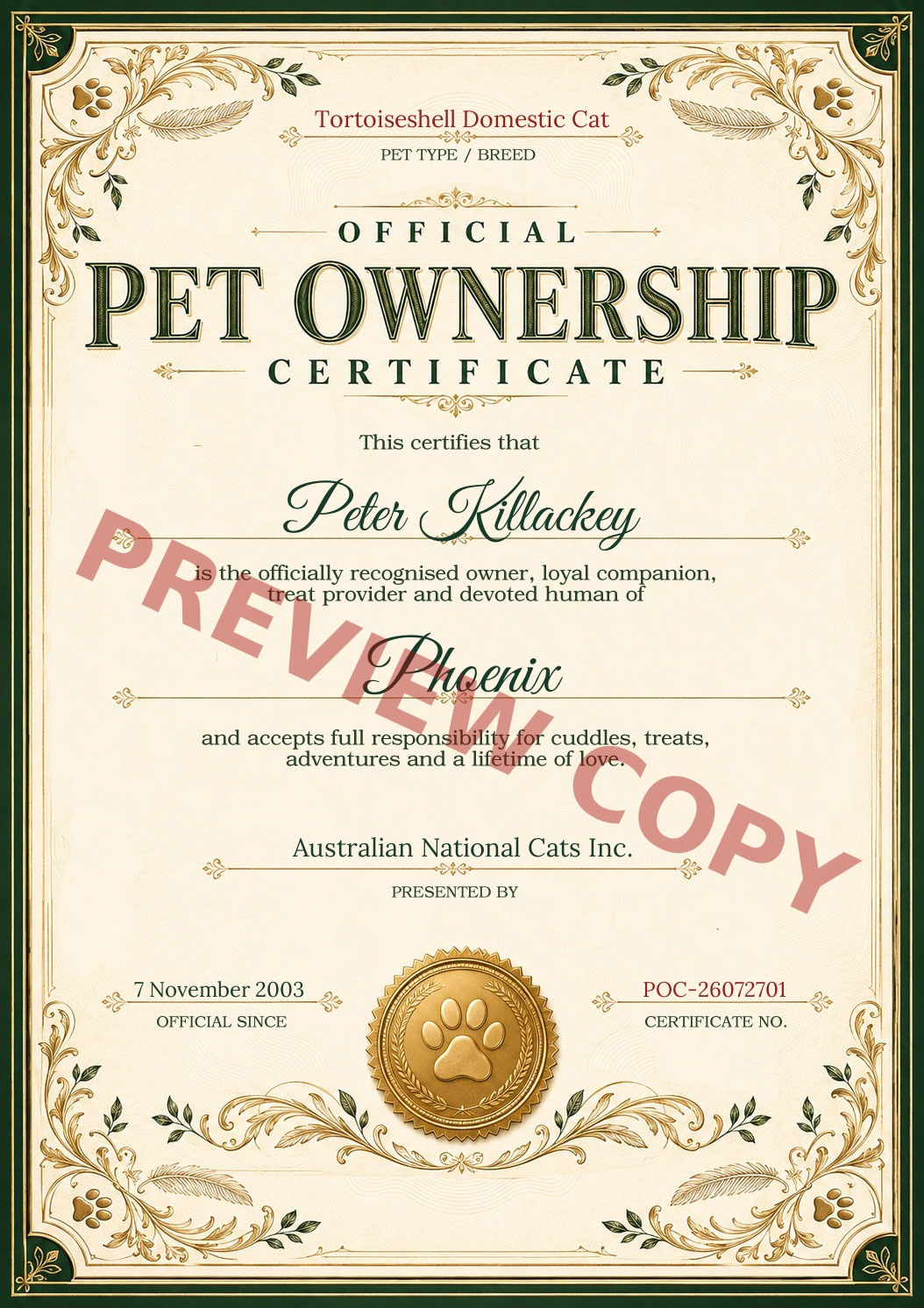 Official Pet Ownership Certificate design