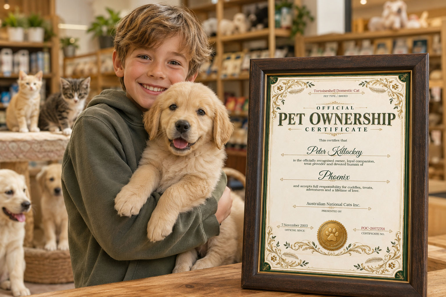 Child holding a new puppy beside a framed Official Pet Ownership Certificate