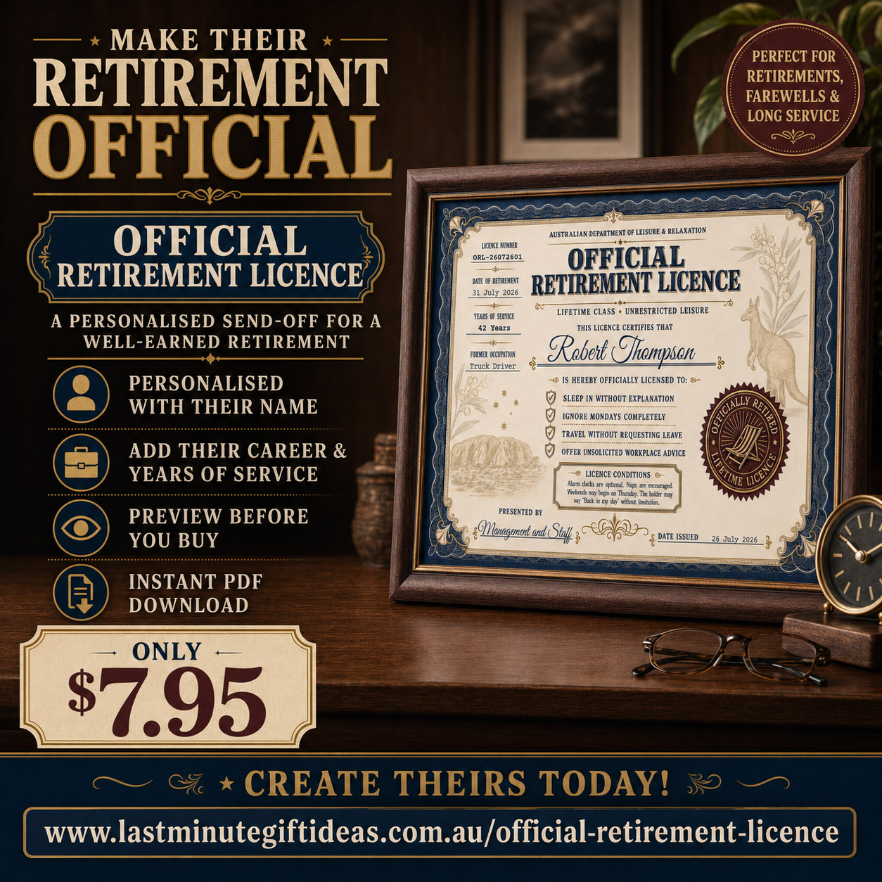 Personalised Official Retirement Licence