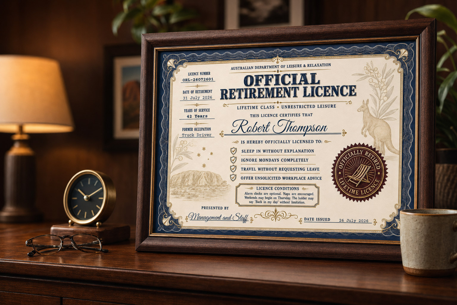 Personalised Official Retirement Licence displayed in a timber frame