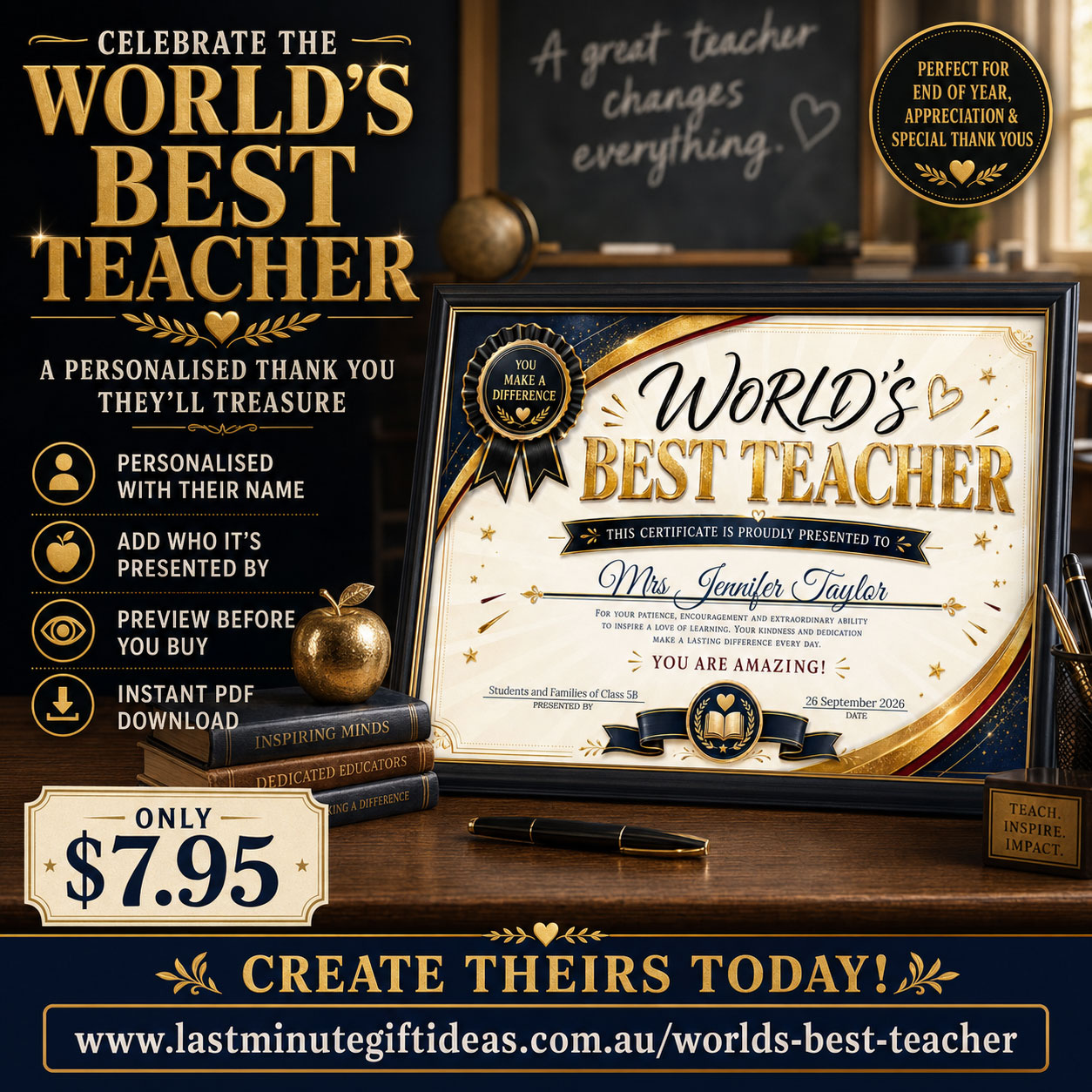 Personalised World’s Best Teacher Certificate